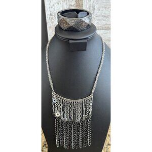 Chico’s Necklace Fringe Silver Tone & Black Chain & Bracelet Boho 17” Vintage